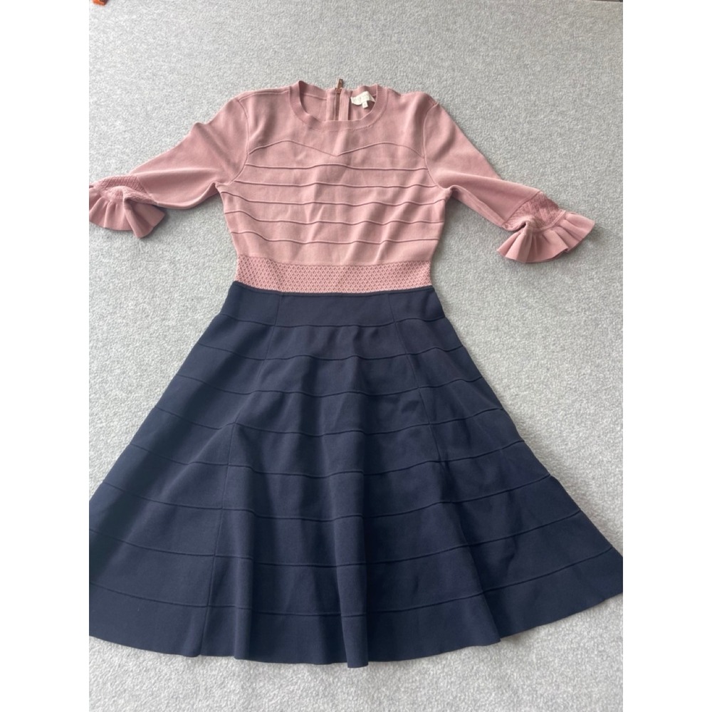 Ted Baker Dyana Pink Navy Colorblock Knit Fit Flare Ruffle Sleeve Dress Size 2